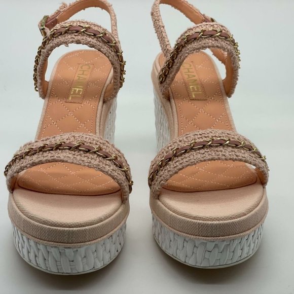 CHANEL 20C Tweed Leather Chain CC Raffia Platform Wedge Heel Sandals Shoes - Picture 3 of 11